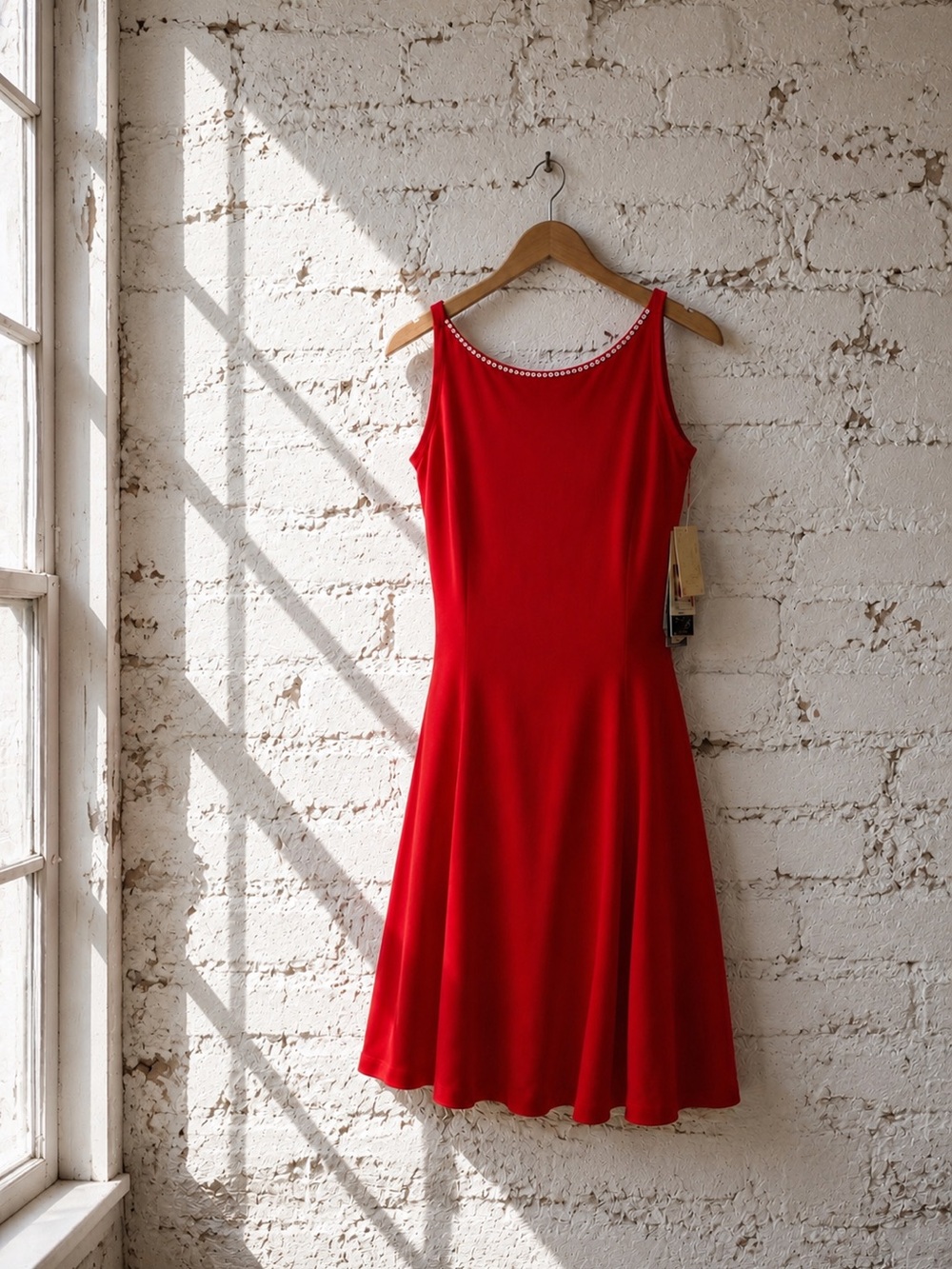 Vintage Y2K Red Sleeveless A-Line  Dress with rhinestone Neckline
Vntg Sz- 9/10